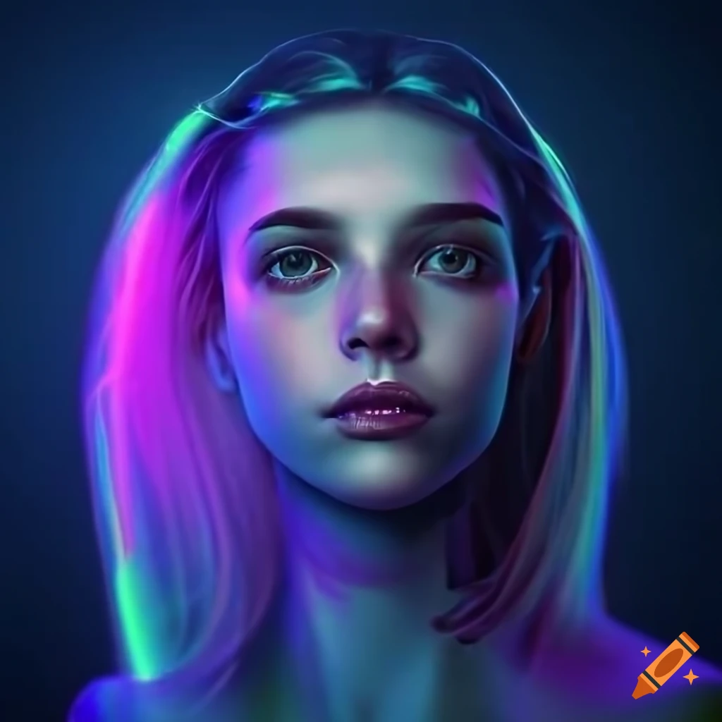 Neon-lit gender neutral android with flowing hair on Craiyon