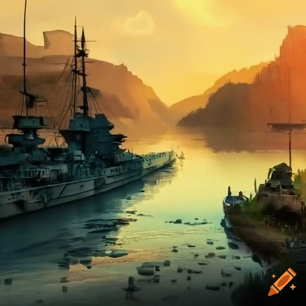 Image of battlecruiser near a village