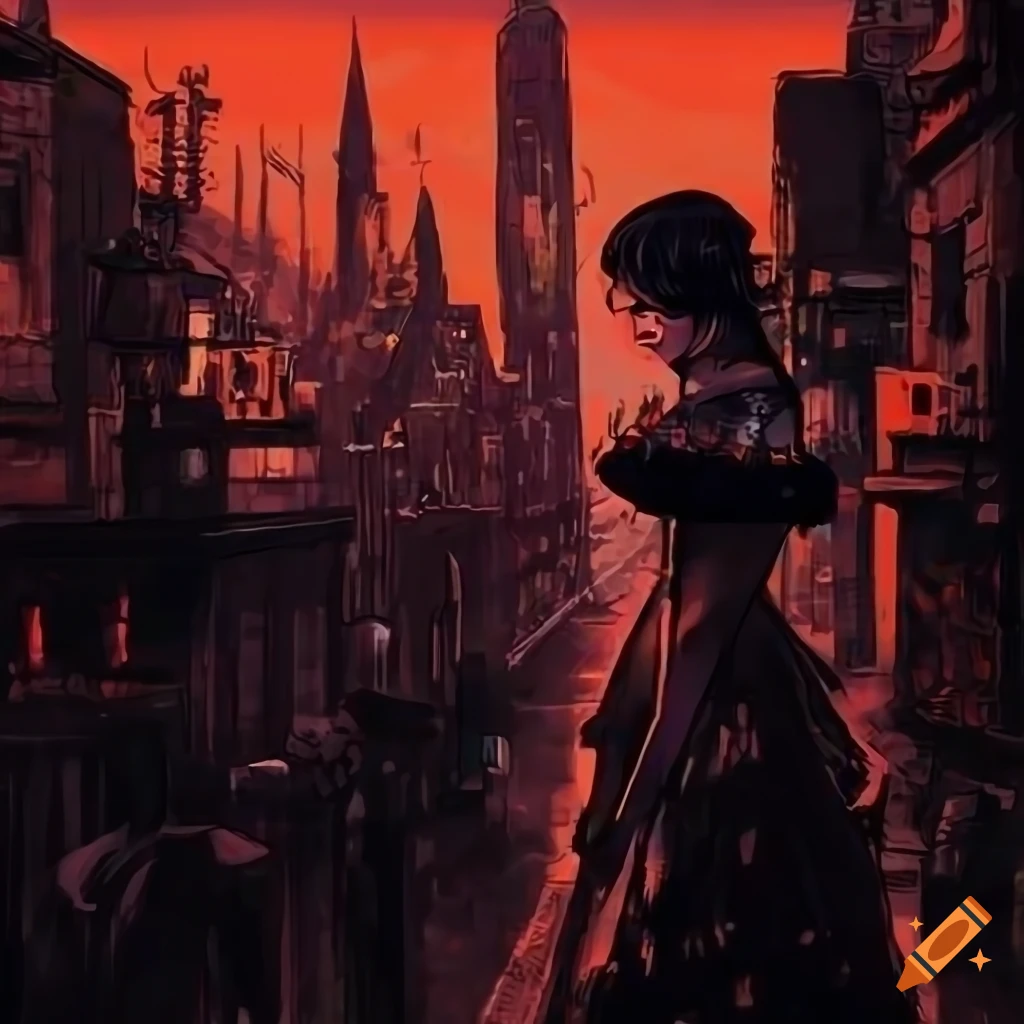 cyberpunk illustration of 19th century gangsters in a rainy street