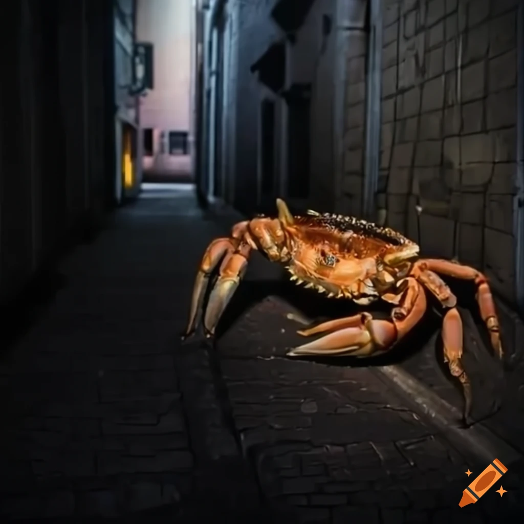 a crab lurking in a dark city alleyway