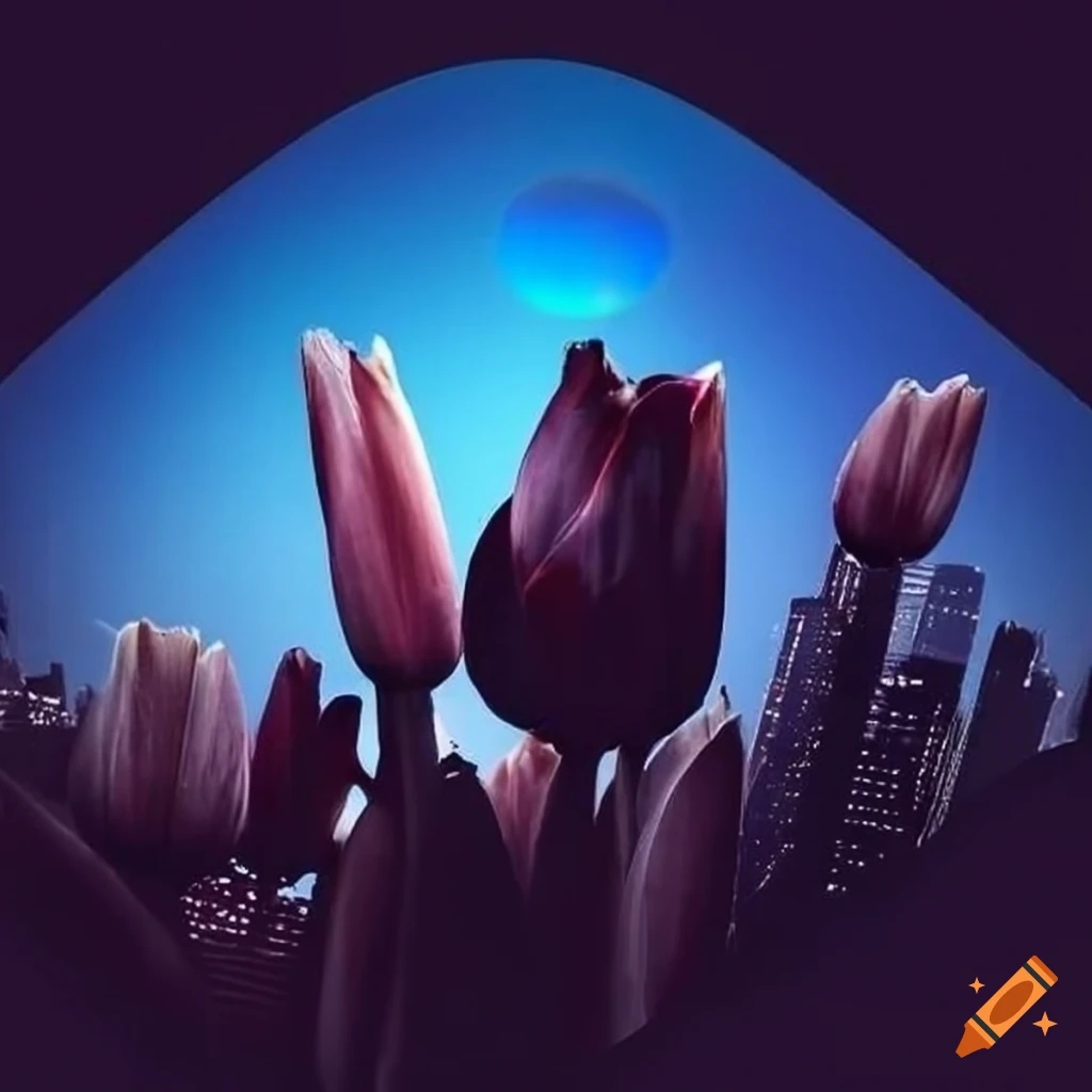 black tulips in a futuristic cityscape