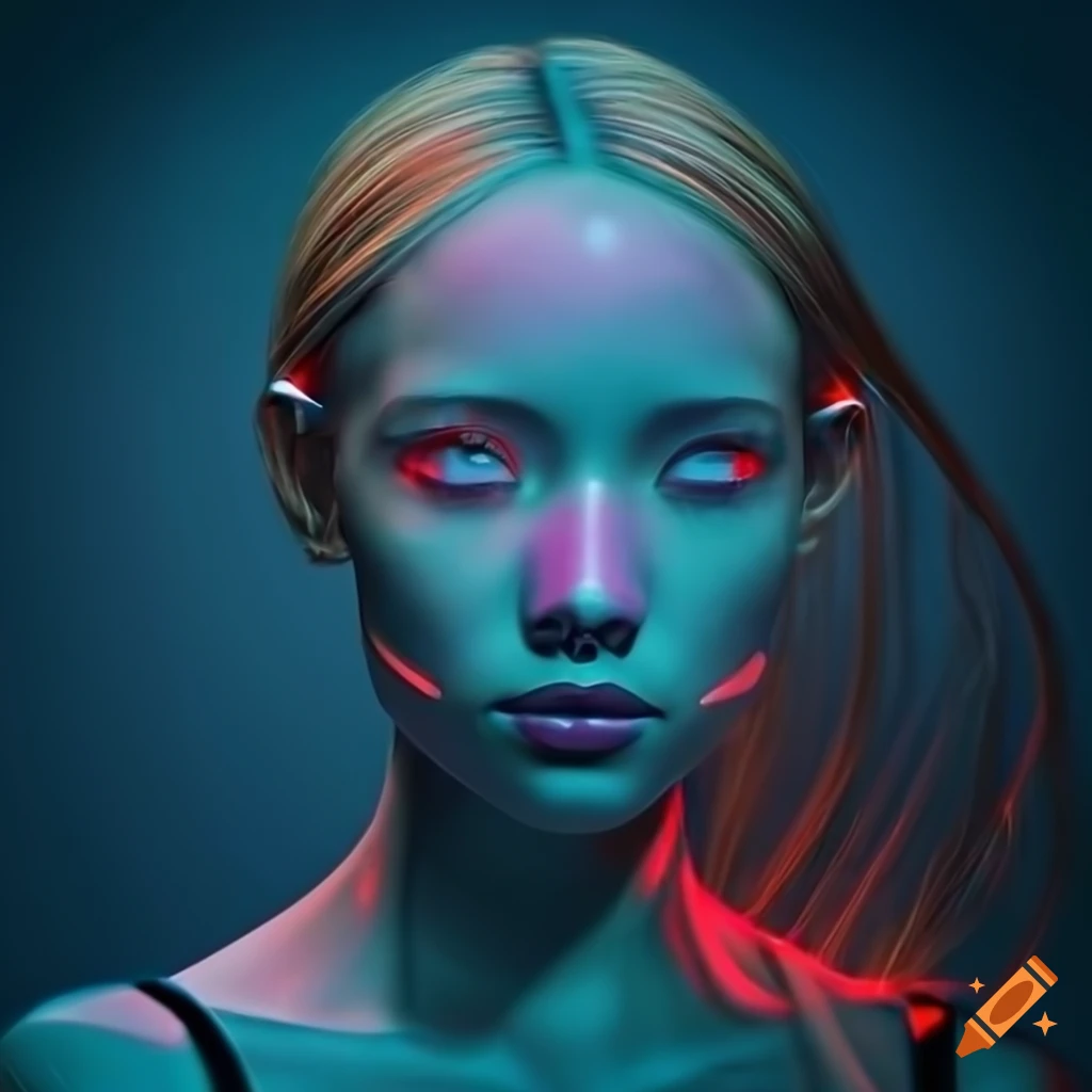 Neon-lit android with flowing hair and captivating smile