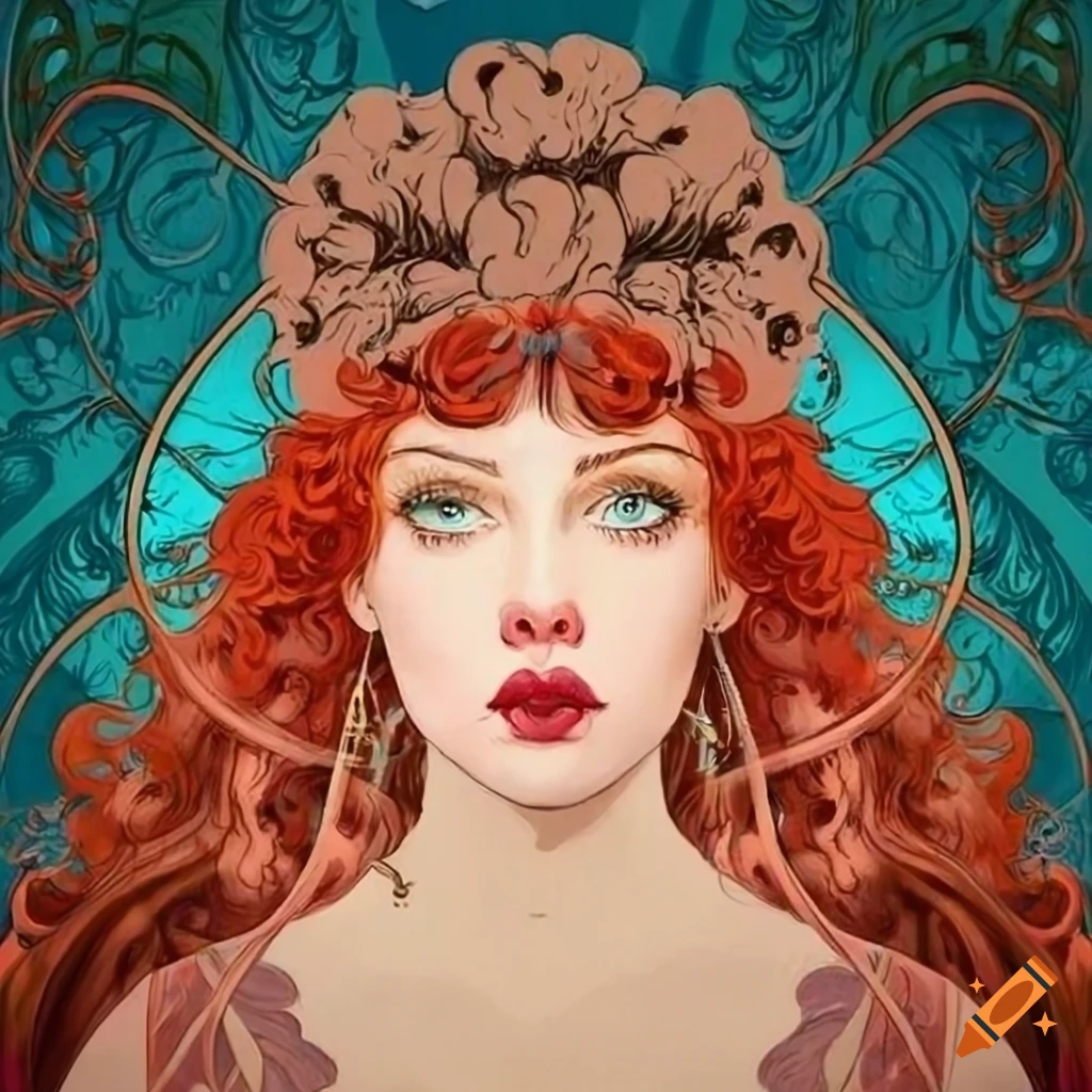 Art nouveau illustration of a beautiful redheaded woman