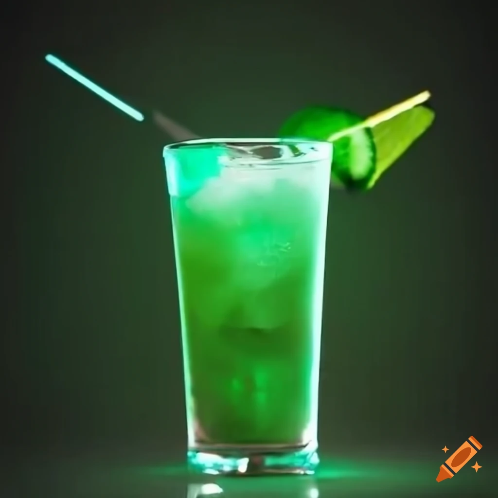 green cocktail with a glowing drink stirrer