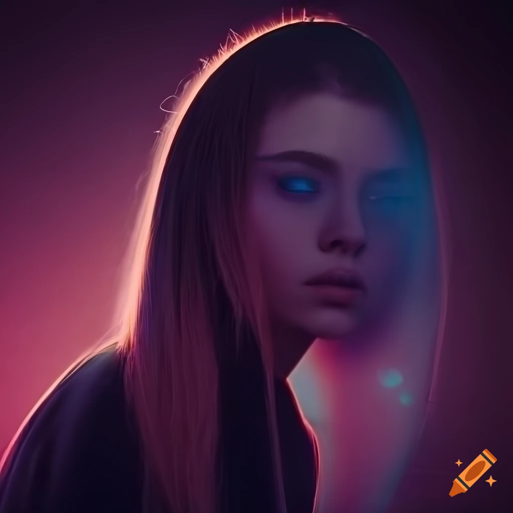Neon-lit digital art of mesmerizing android