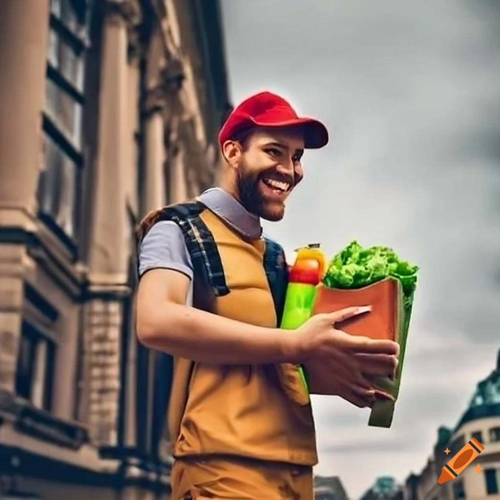 smiling courier delivering groceries