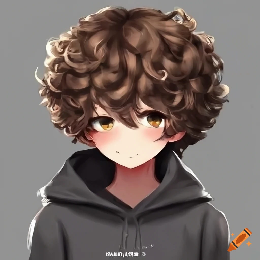 Anime boy with dark brown curly hair and caramel skin wearing a hoodie ...