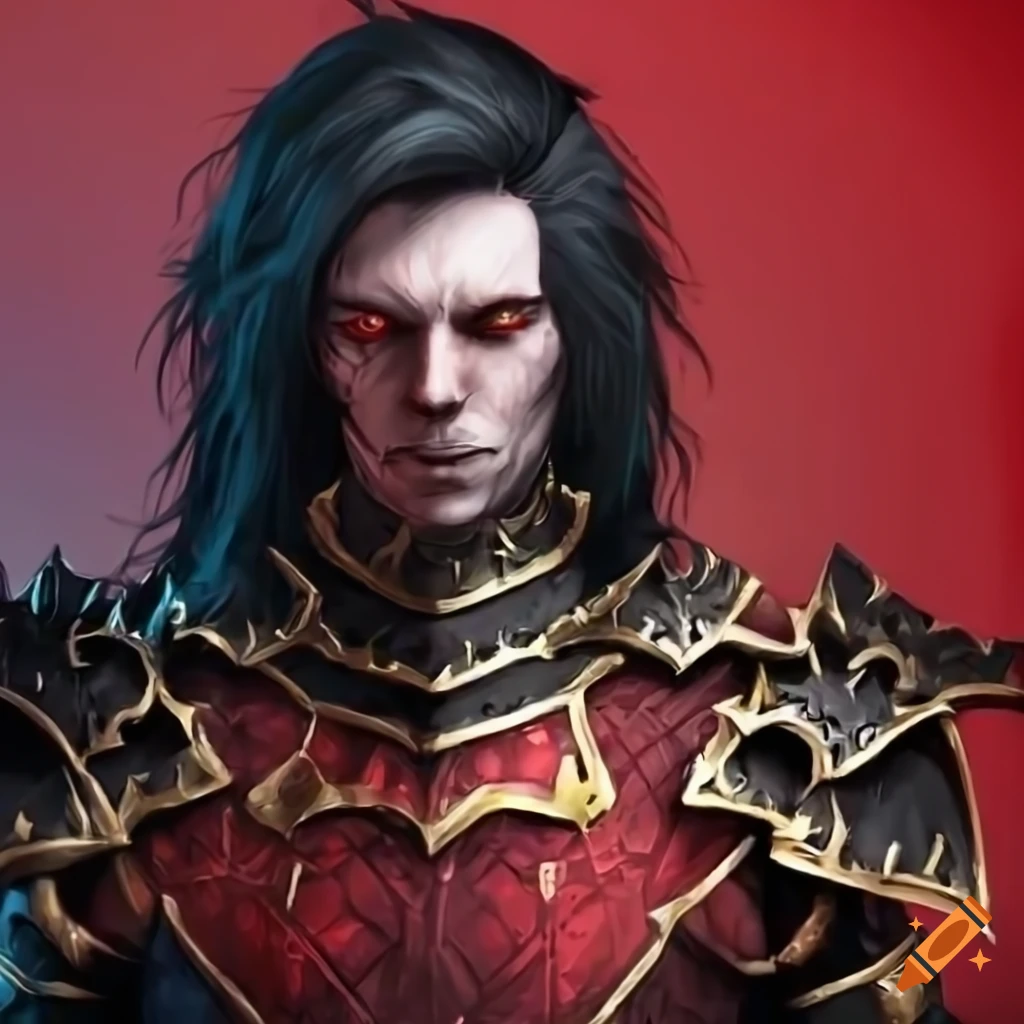 Close-up of a muscular armored warlock with black hair and intense gaze ...