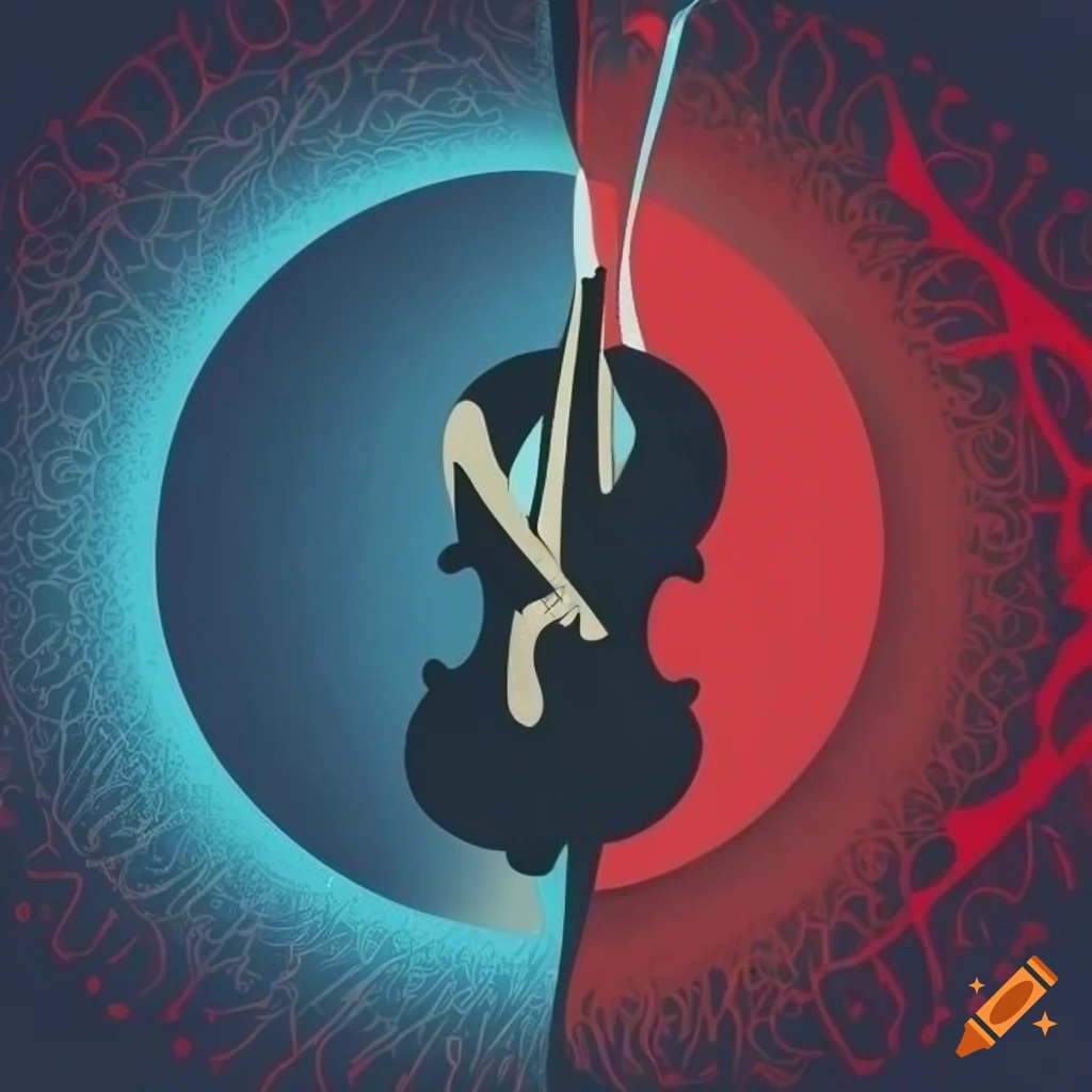 Geometric art in red and blue with musical elements