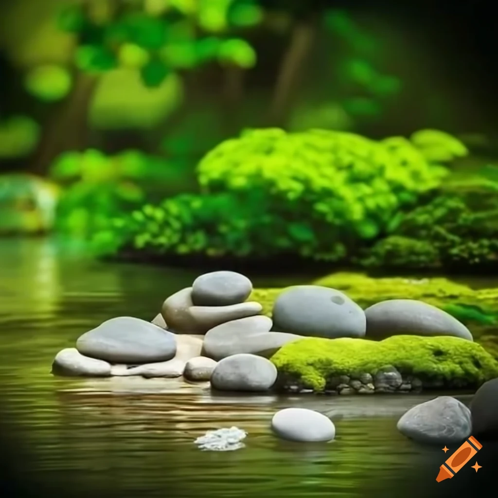 Japanese Zen garden with green trees and pond