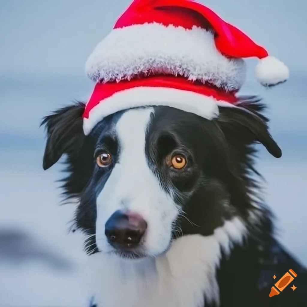 border collie wearing a christmas hat on a snowy beach