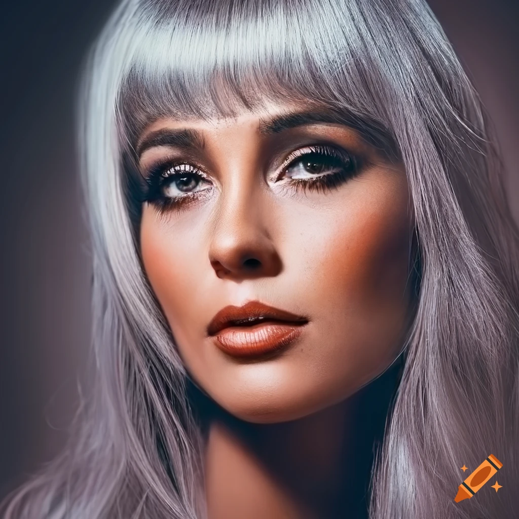 portrait of a young woman with silver hair and dark brown eyes