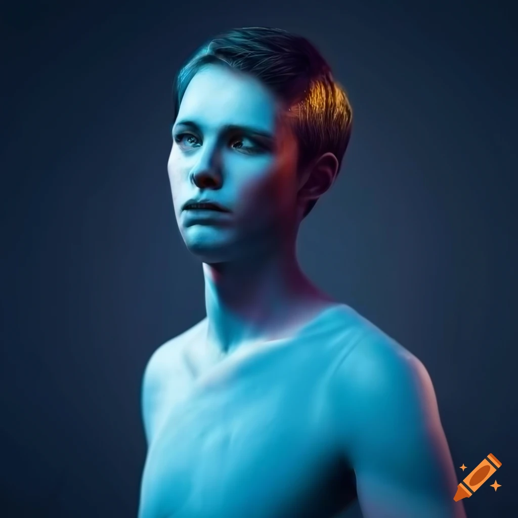 portrait of a male android with blue skin and hazel eyes