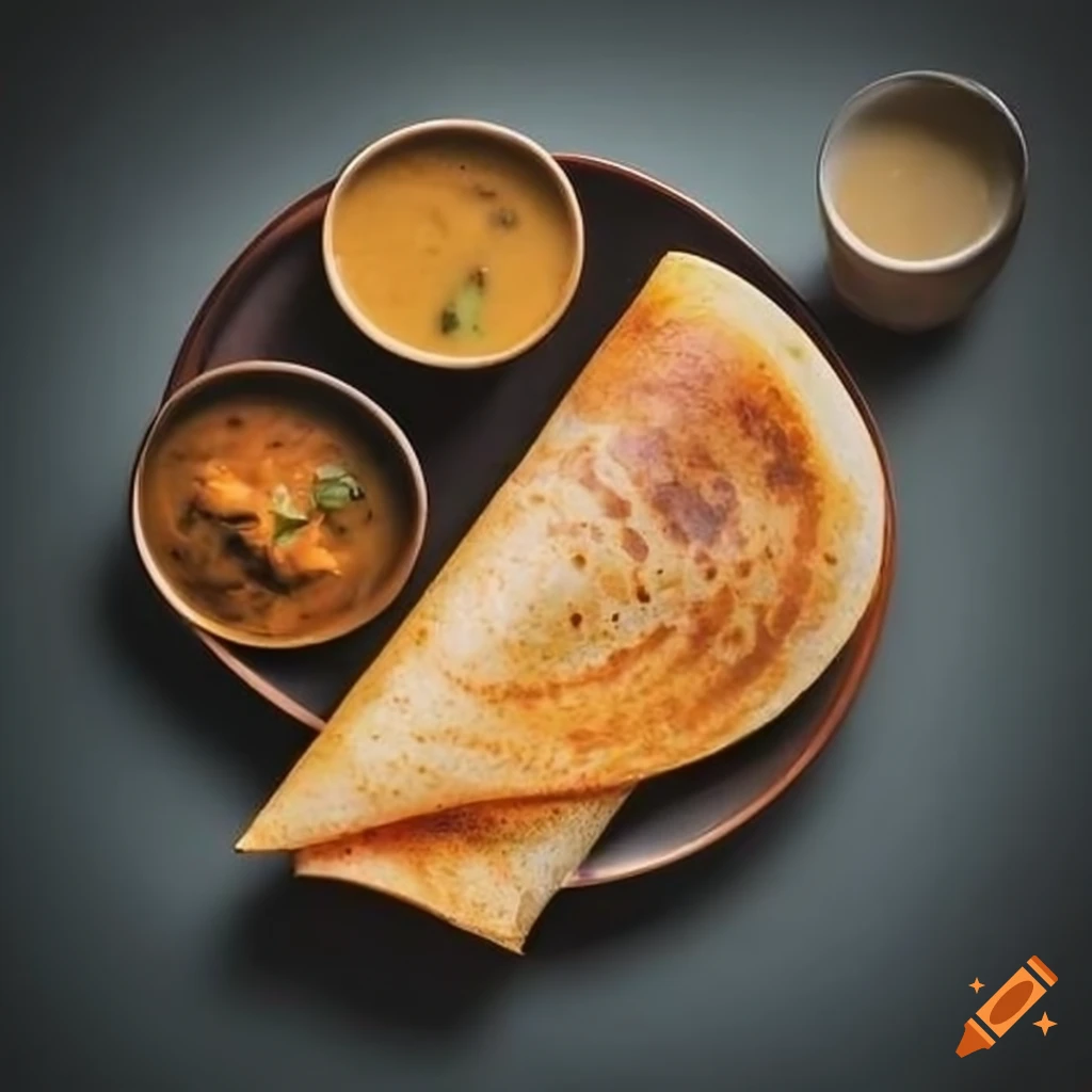 delicious Indian breakfast with dosa, chutney, sambar, and chai