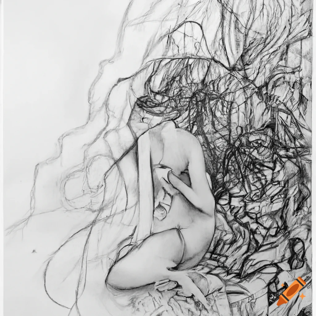 charcoal drawing of people navigating through a maze