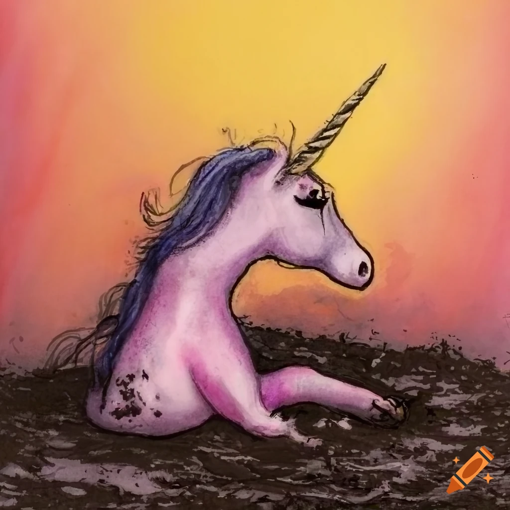 rear view of a unicorn sinking in muddy dung heap