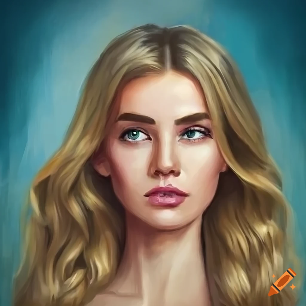 Close up of beautiful blond woman with long wavy hair in detailed oil