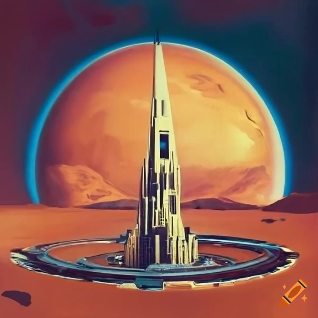 Futuristic domed city on Mars in a 1950s scifi illustration on Craiyon