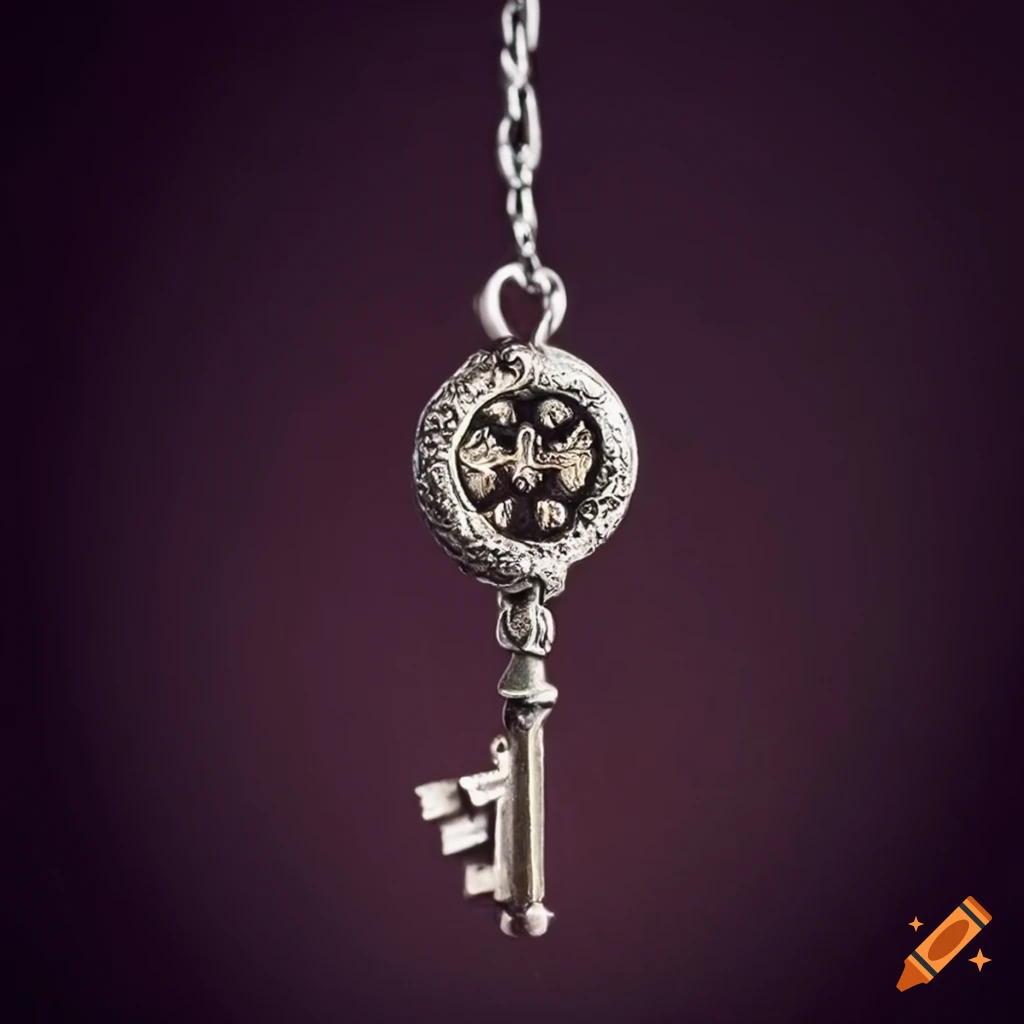 Delicately crafted small ritual key hanging from a silver chain with ...