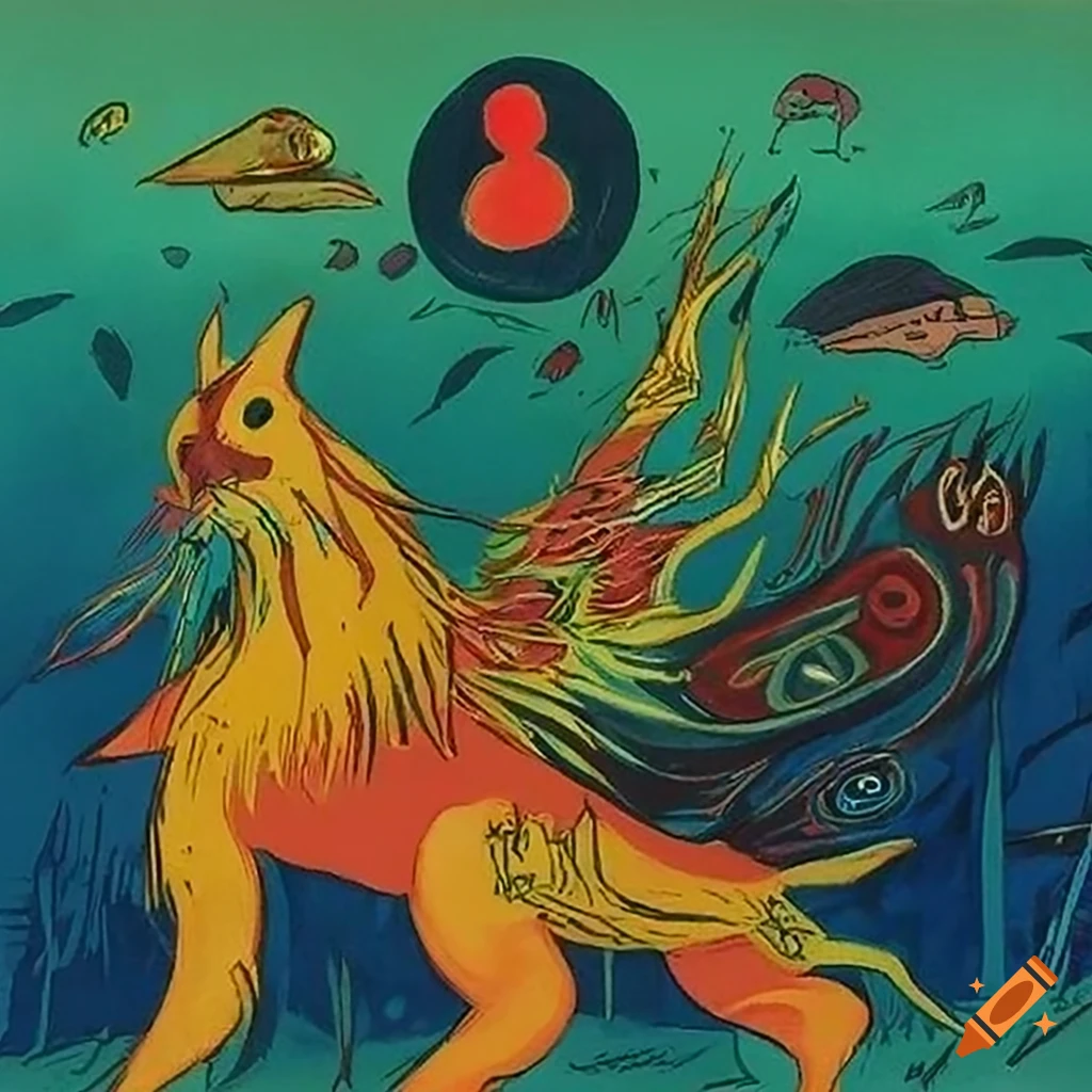 Color serigraph of native Salish motifs and fantasy creatures on Craiyon