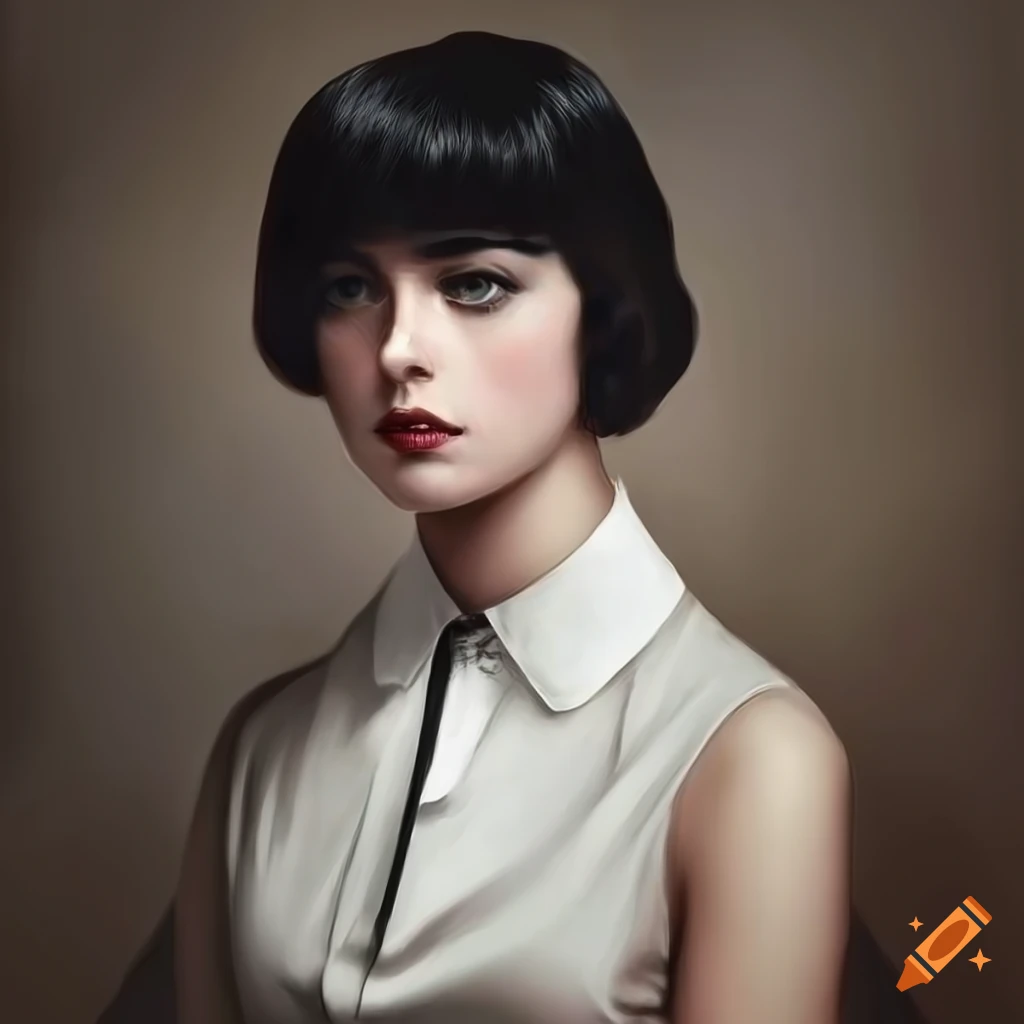 Portrait of a beautiful lady with short black hair and a raised collar ...