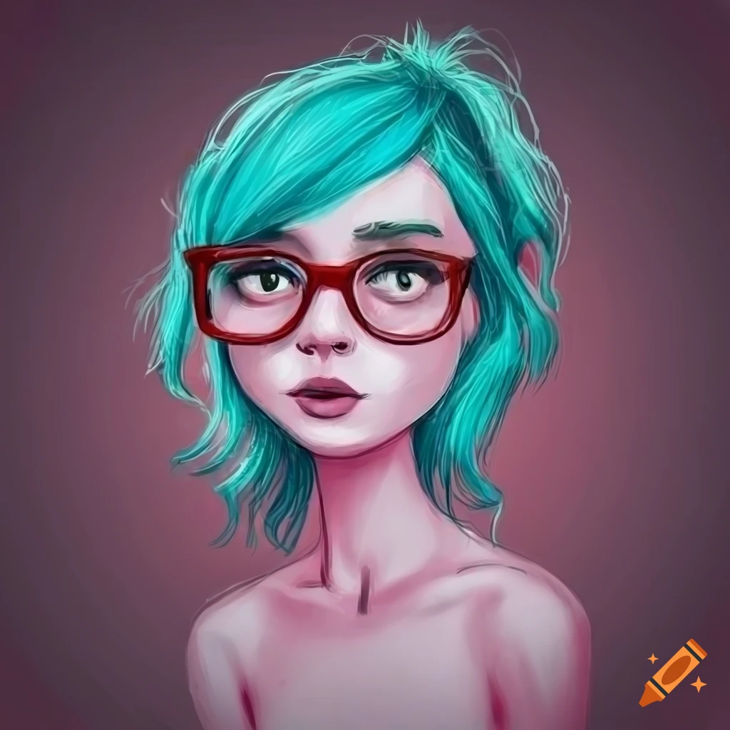 Teal-haired girl in Tim Burton style with pink-framed glasses