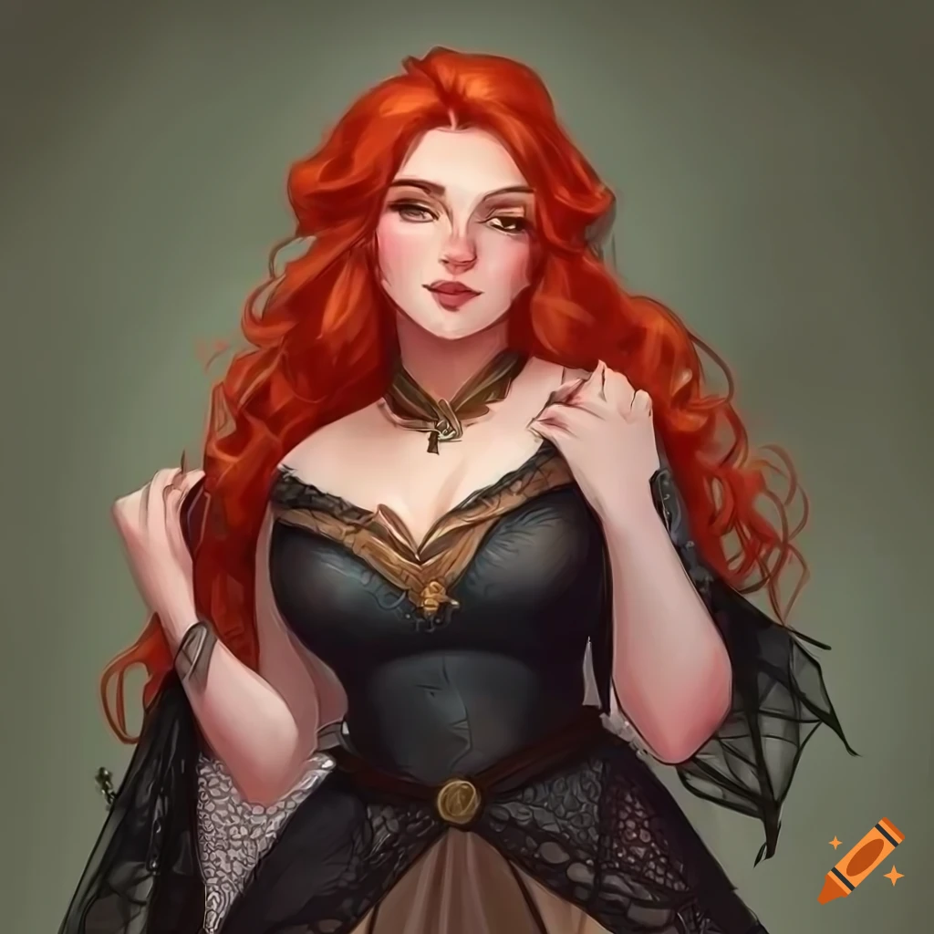 red hair black dress character Stunning red headed half elf fantasy character in black lace gown on Craiyon