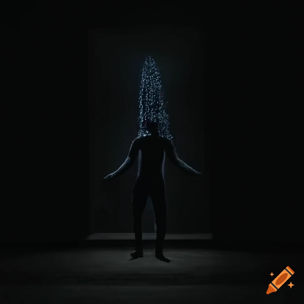 Person in black room with projection of colored electric cables
