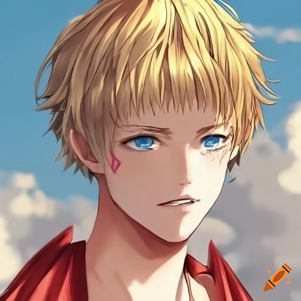 Blond-haired, blue-eyed 17-year-old guy in Roman toga in anime style