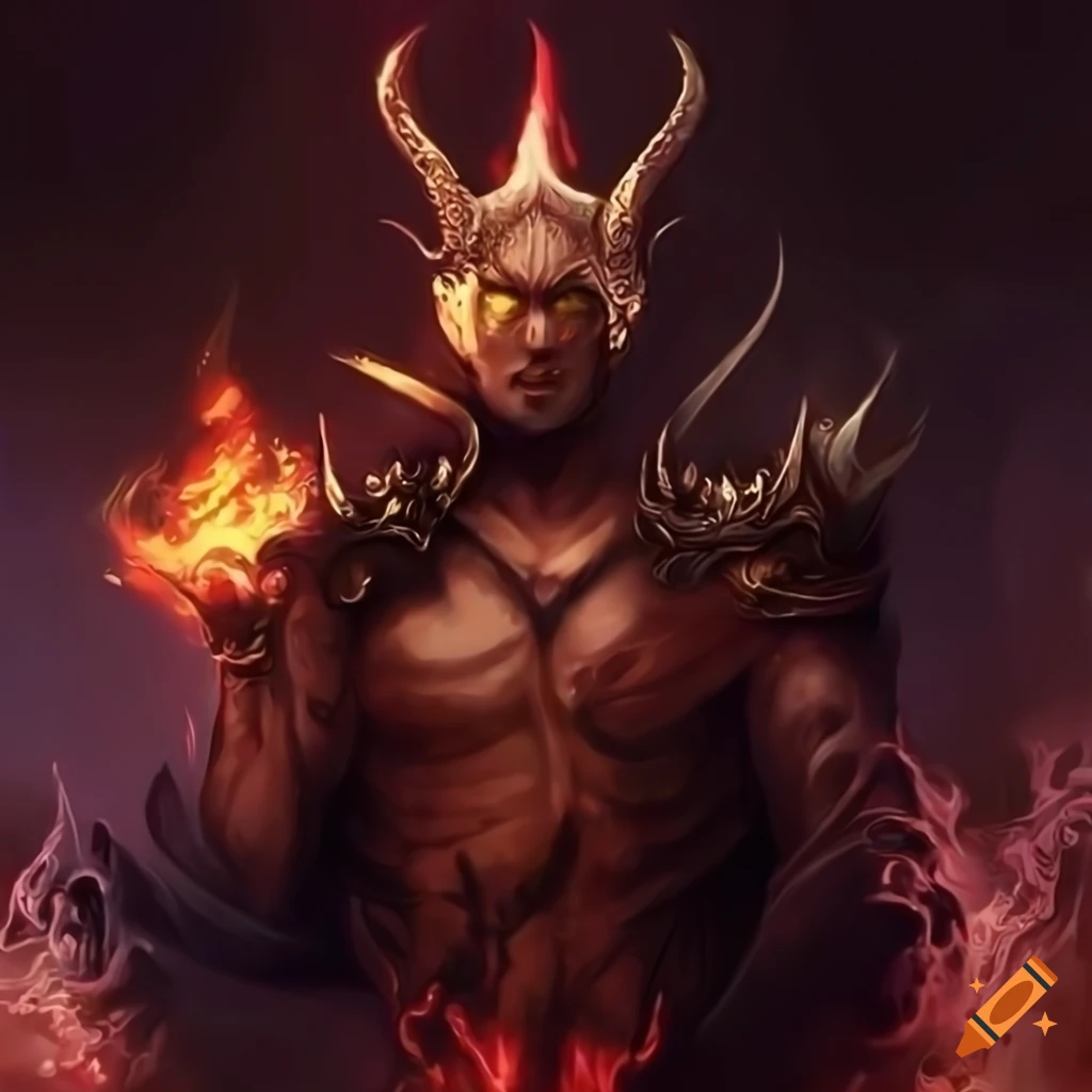 Detailed portrait of a powerful demon king with horns and yellow eyes ...