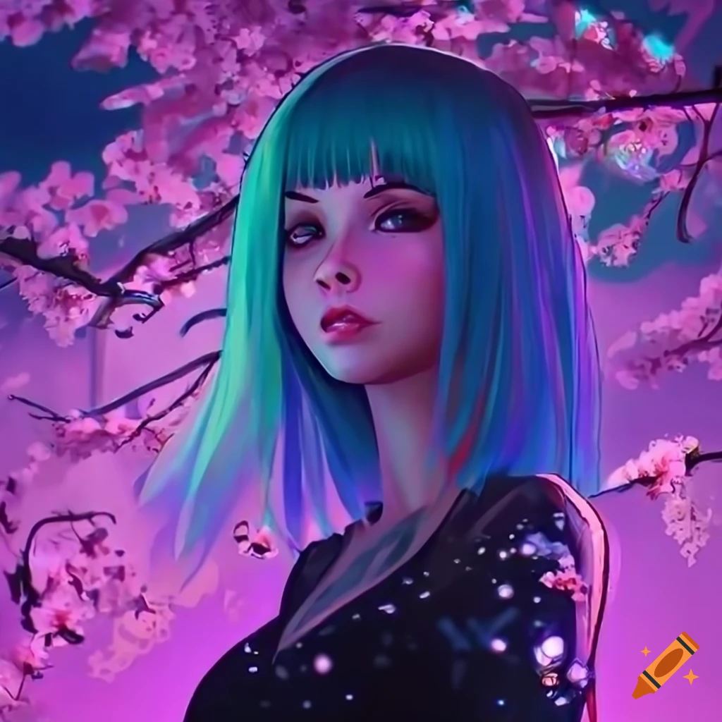 Stunning futuristic cyberpunk girl with pastel hair and black dress
