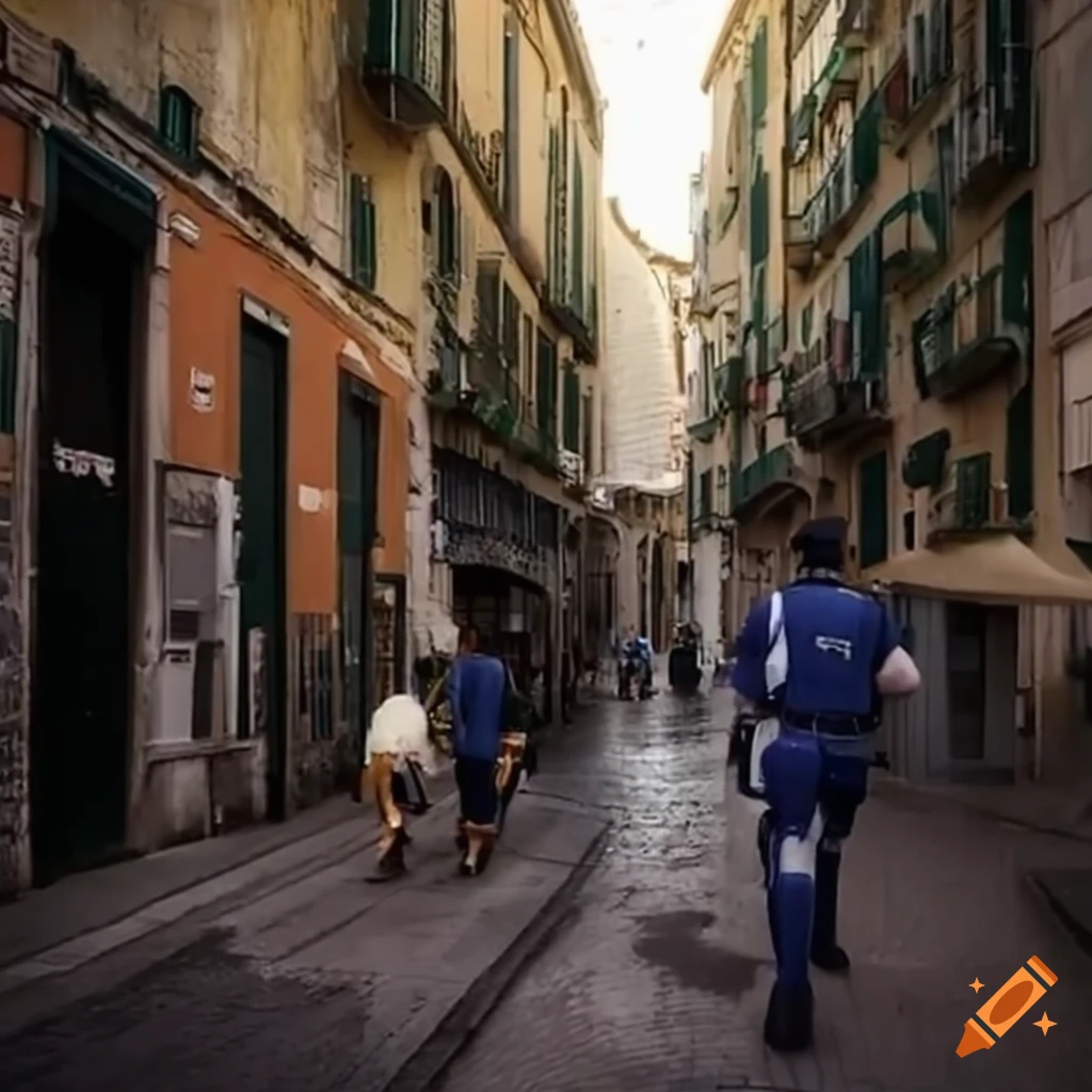 An animated street in Castellammare di Stabia with people wearing tight pants and miniskirts. An Italian policeman wagging his finger, ordering someone to change clothes