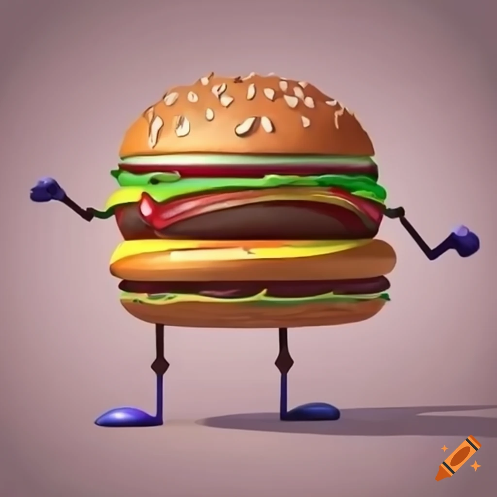 Cartoon burger character with arms, legs, and a face on Craiyon