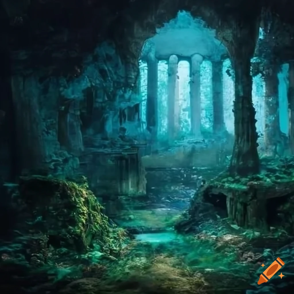 Crumbling temple ruin in the midst of an enchanted forest on Craiyon