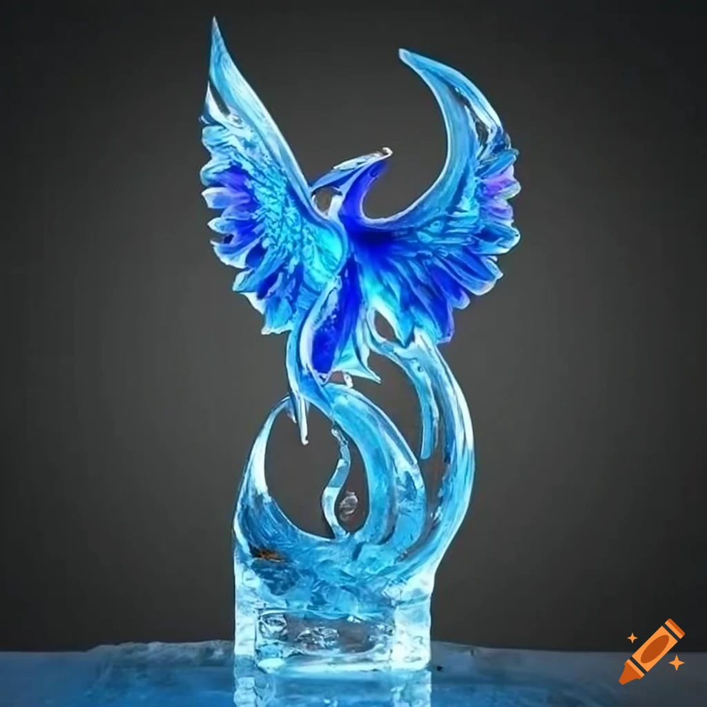 Phoenix ice sculpture shining with blue fire in dark lighting on Craiyon