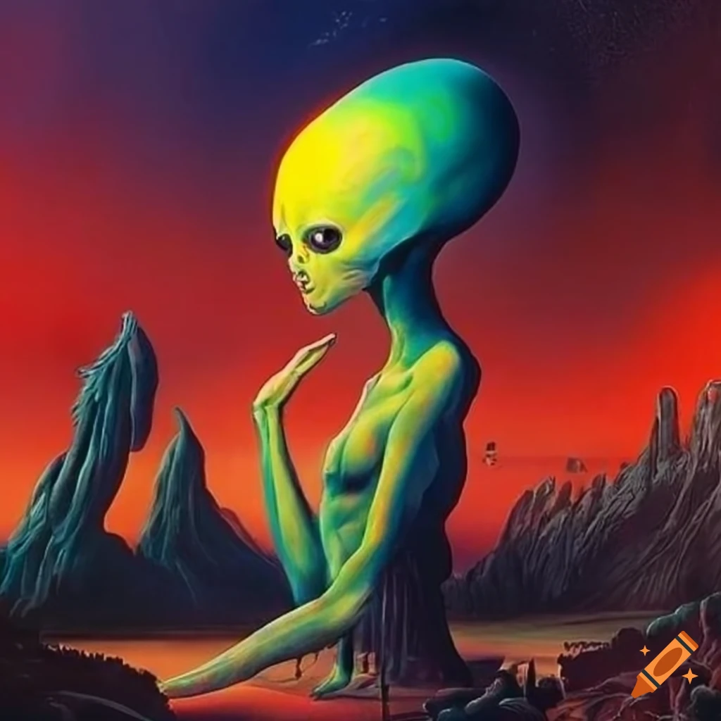 Vivid and surreal painting by Roger Dean with alien elements