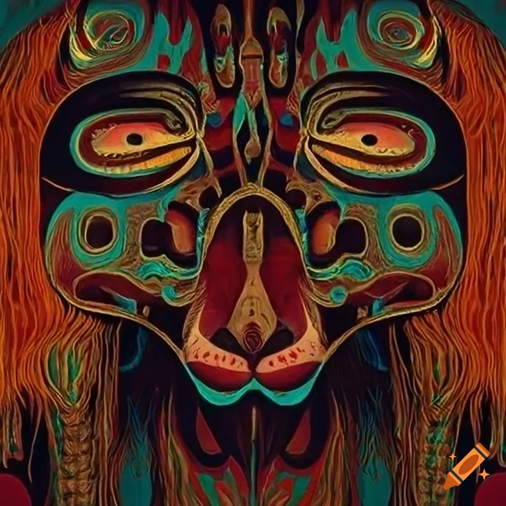 Color serigraph of native Salish motifs and fantasy creatures on Craiyon