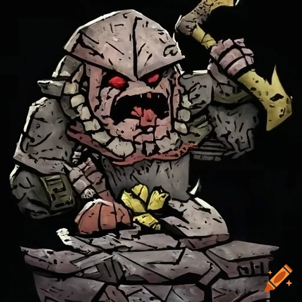 Darkest dungeon style hyborian stone statue with axe shrine on Craiyon