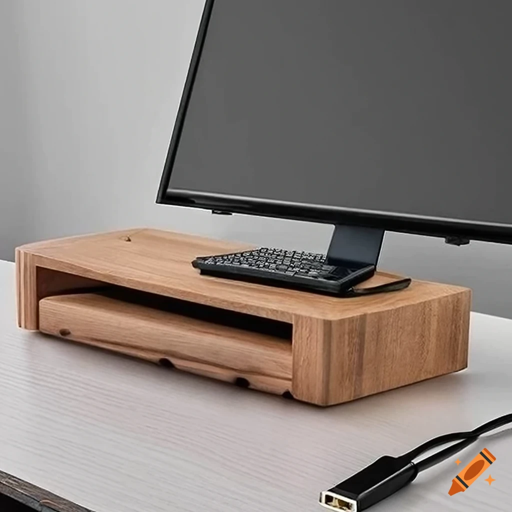 Modern solid wood desktop monitor stand with builtin wireless charging