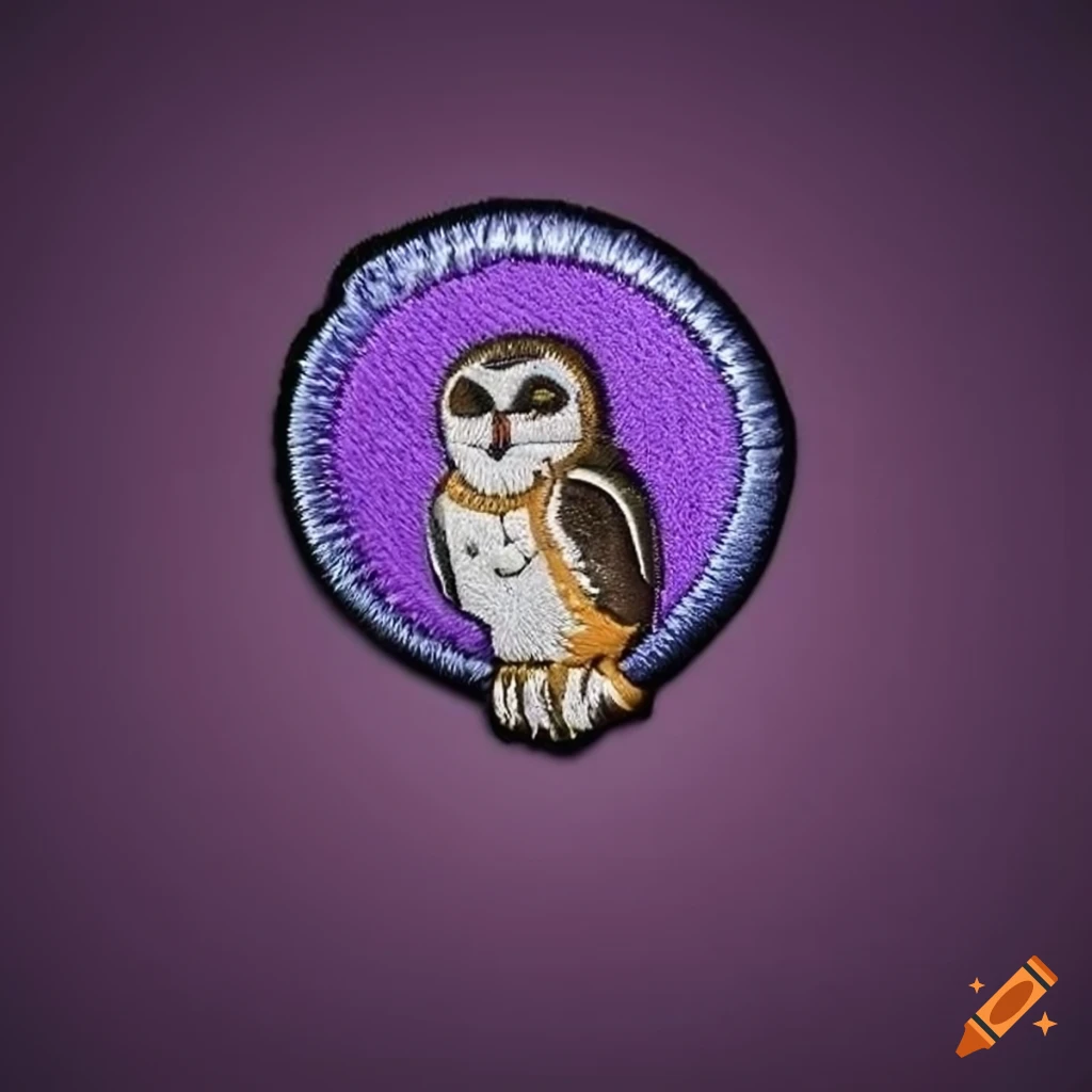 Patch with circular shape featuring a owl in the center and binary code in the background