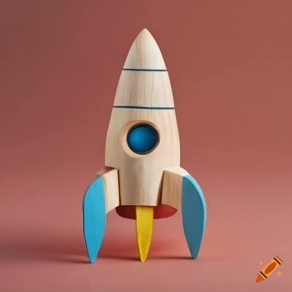 Handmade wooden toy rocket flying through space