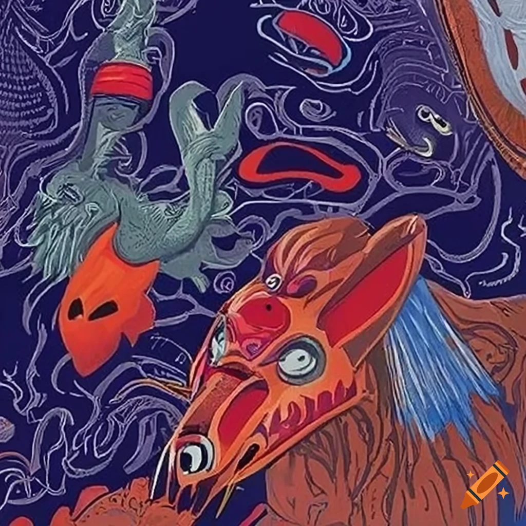 Illustration with native Salish motifs and totemic creatures in 8k Ultra High resolution