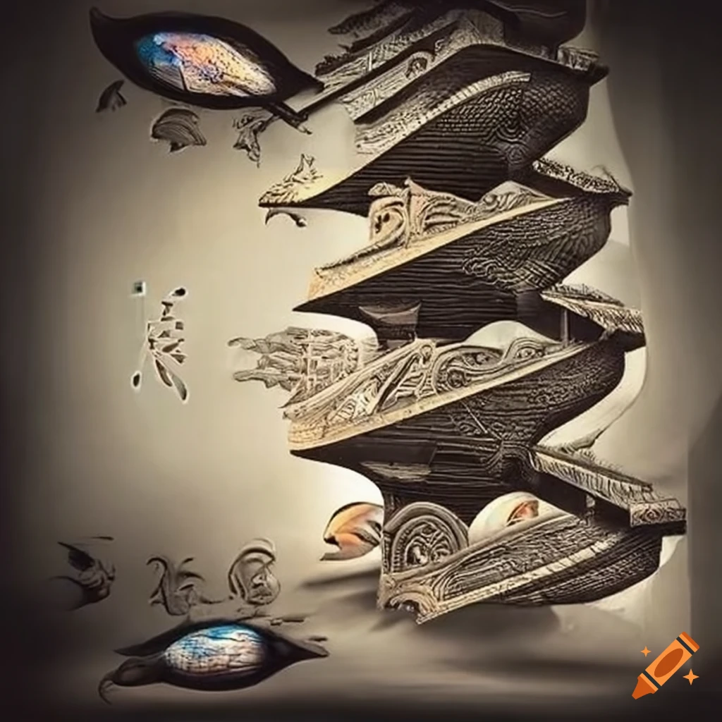 Escher-style artwork of floating fishes and stairways