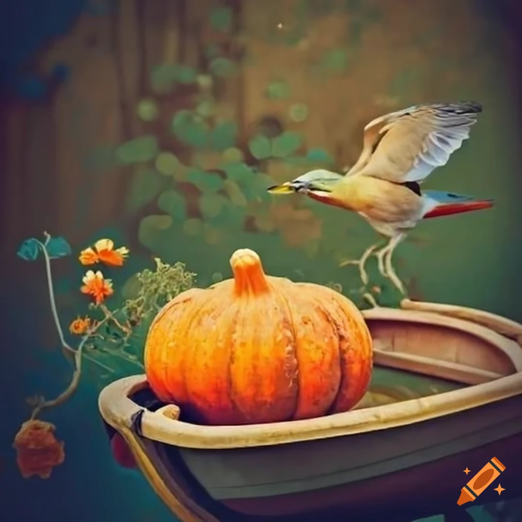 Boat in a garden with birds, squash, tomatoes, and flowers on Craiyon