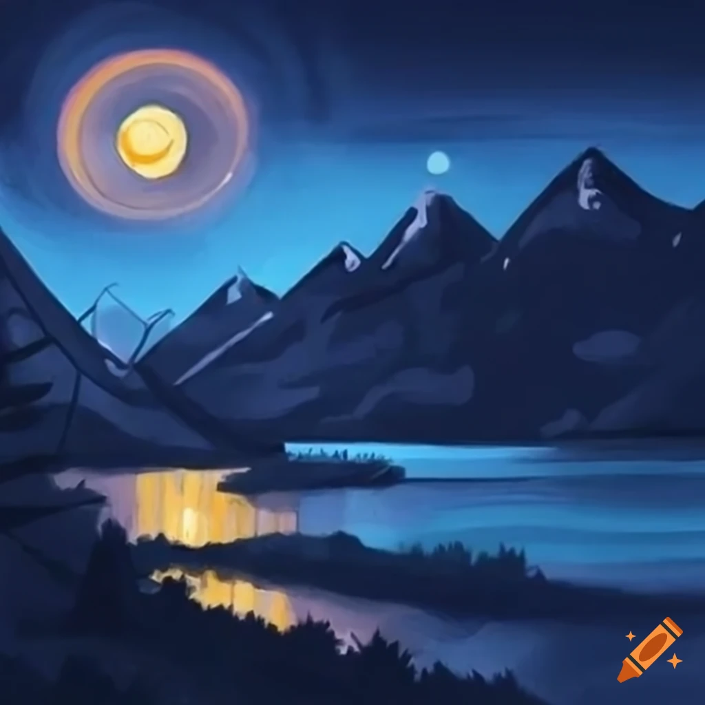 Windmill in a mountain range by a river with a lit hotel at night