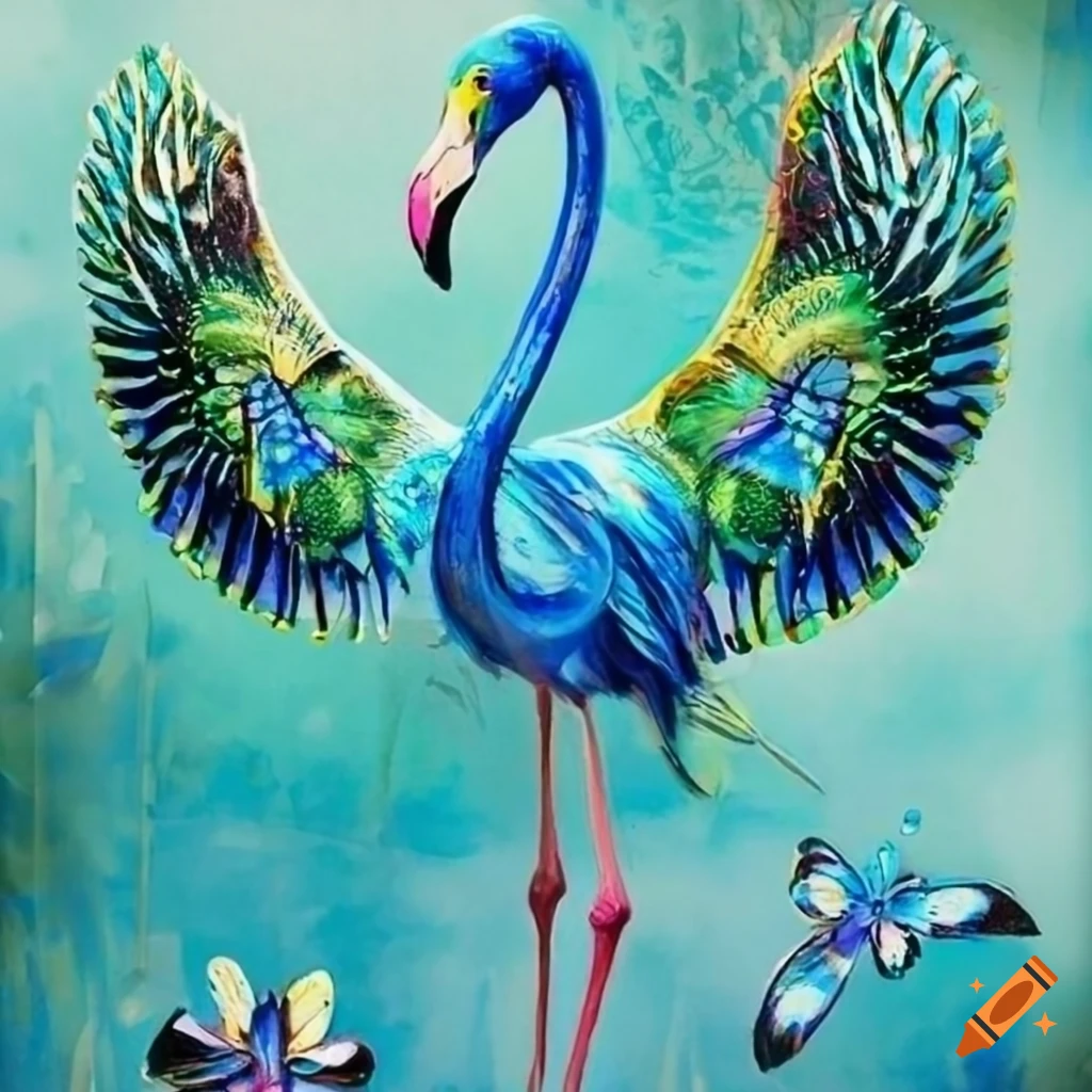 Chicano art of blue flamingo with green butterflies on Craiyon