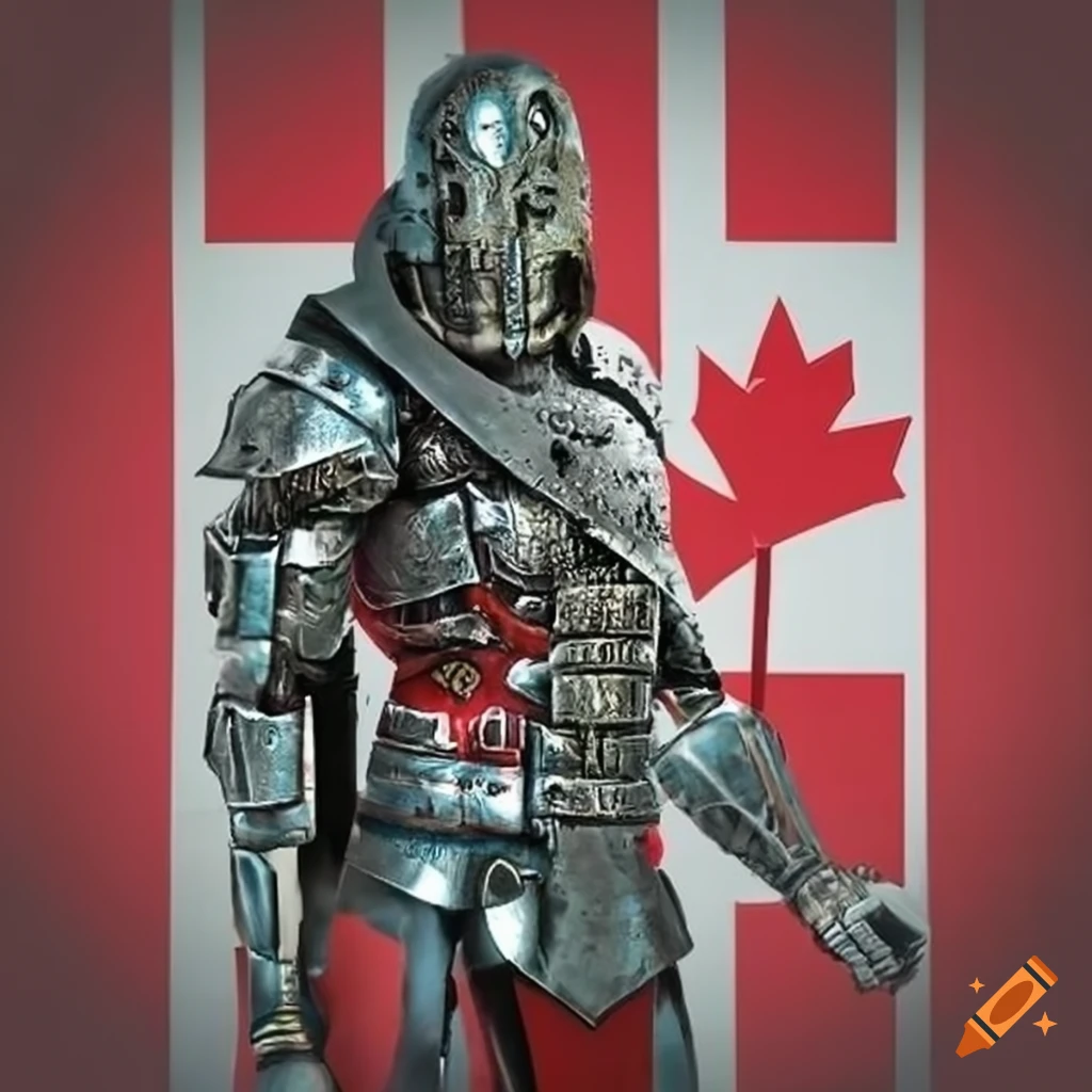 cybernetic gladiator standing with canadian flag
