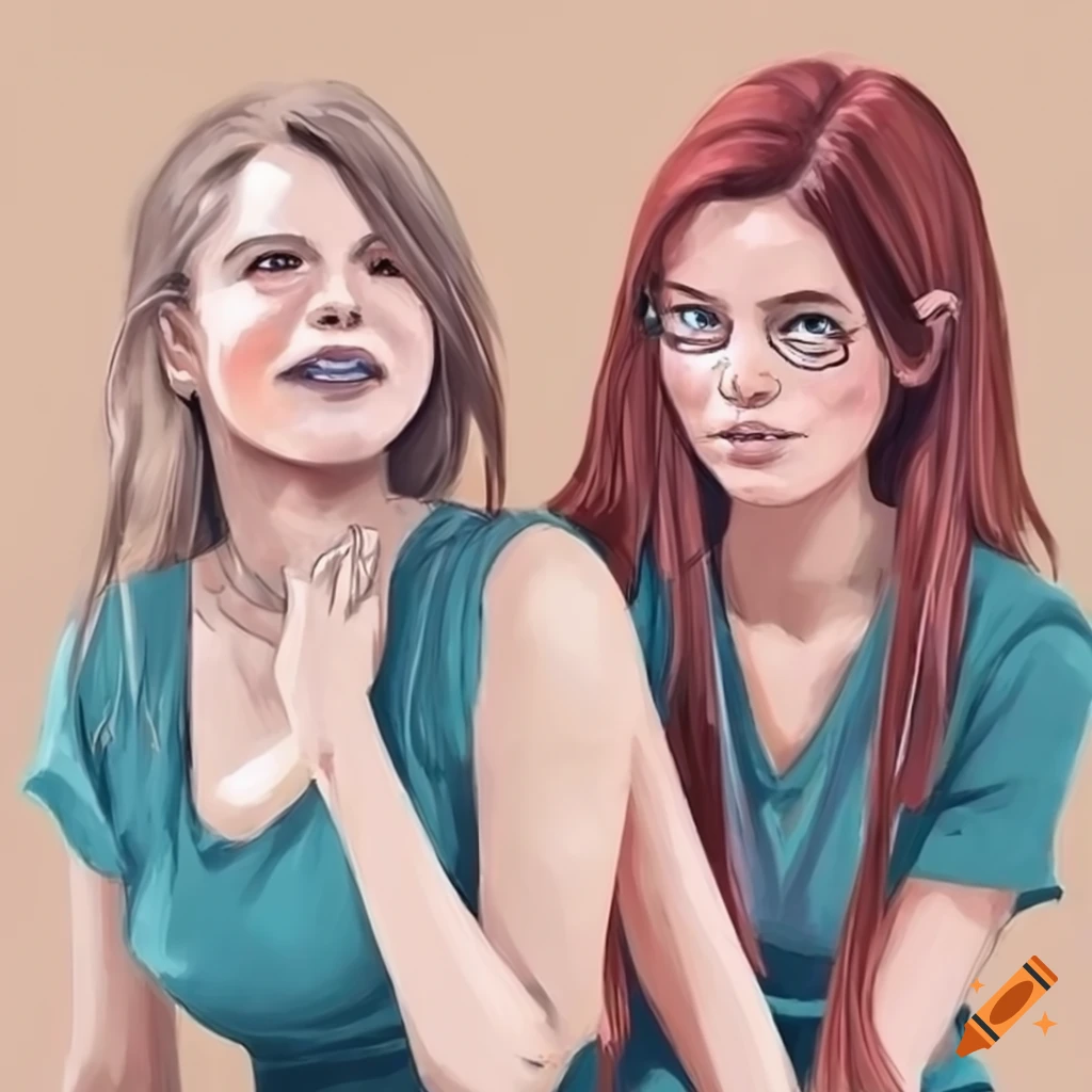 Detailed drawing of two women sitting outside