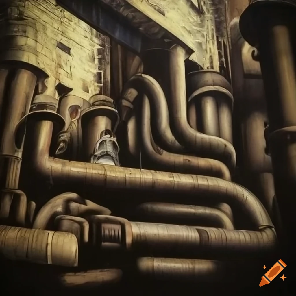 Industrial pipes in a factory setting by H. R. Giger