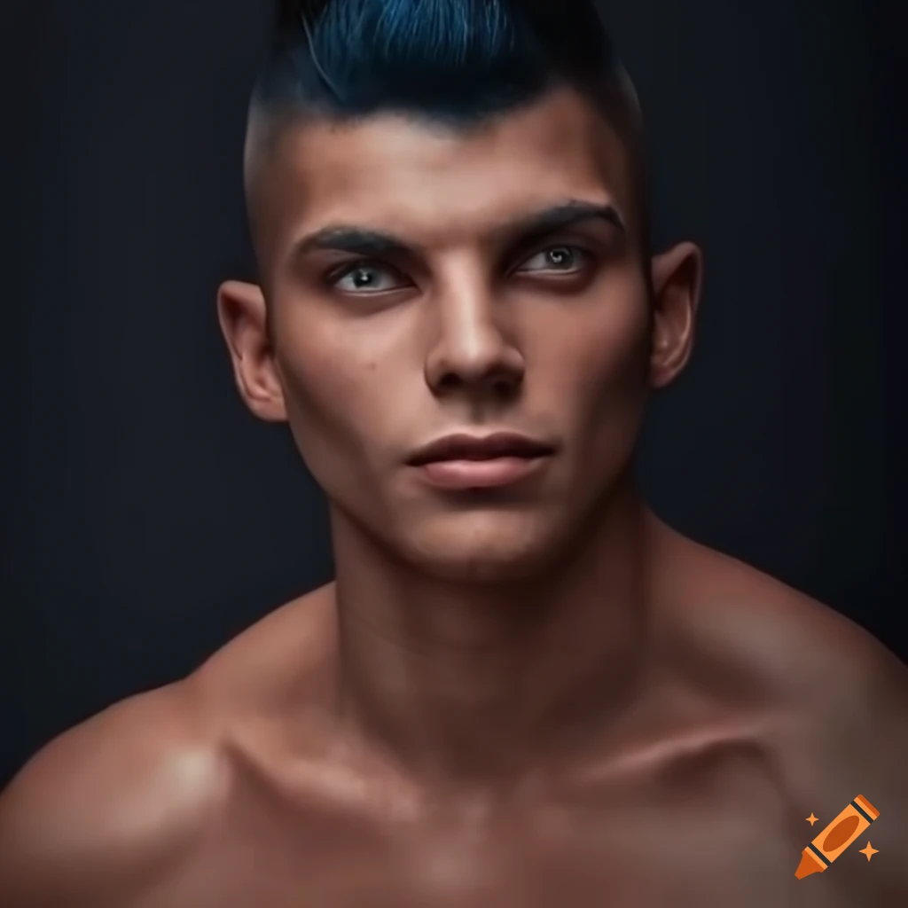 Handsome muscular man with spiked dark indigo hair